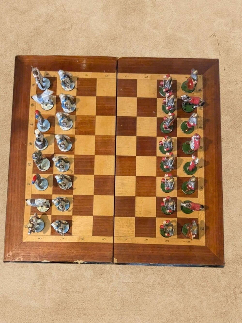 Hand Crafted Wooden Chess Set with Blue and Red Metal Pieces